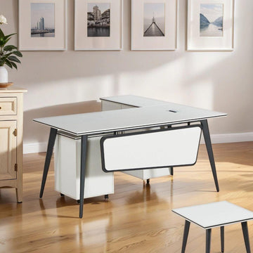 Modern L-Shaped Executive Desk – White Gloss Finish with Black Frame