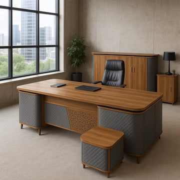 Executive Wooden Office Desk Set with Grey Leather Accents
