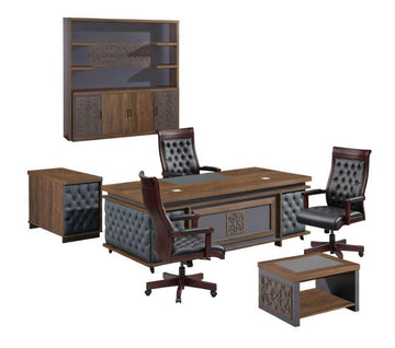 Elite Executive Office Desk Set – with Chairs.Luxury Wooden CEO Desk with Grey Tufted Leather, Islamic Geometric Panels, Side Table, Wall Unit – Eid Special Up to 40% Off- Free installation and Delivery