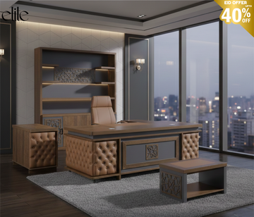 Elite Furniture Premium Executive Desk Suite | Walnut Wood with Tufted Storage + Intricate Carved Motifs + Illuminated Cabinet + Side Table - Modern Luxury Office)