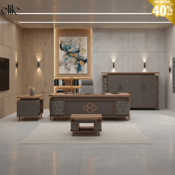 Elite Furniture Modern Executive Desk Suite | Tufted Grey Walnut Desk + Illuminated Cabinet + Side Pedestals + Center Bench - Luxury Office Furniture)