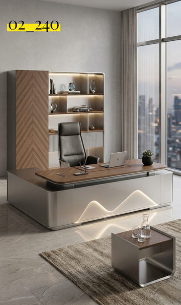 Luxury Executive Office Desk 240cm with LED Lighting & Storage Cabinet – Premium Modern Workstation (Model 02_240)