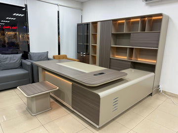 Modern Executive Office Desk Set with LED Storage Cabinet – Luxury CEO Table with Side Return