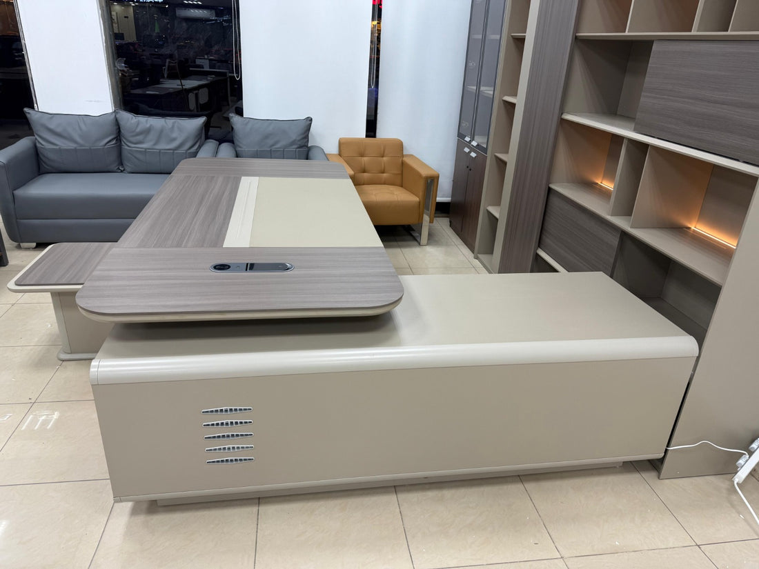 Modern Executive Office Desk Set with LED Storage Cabinet – Luxury CEO Table with Side Return