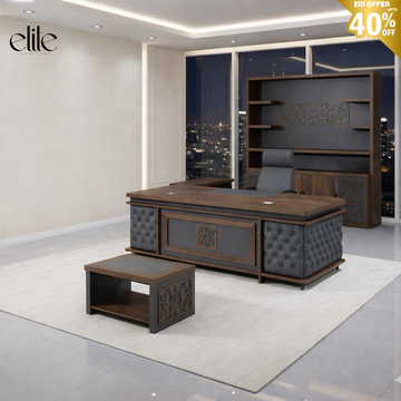 Elite Executive Office Desk Set –Luxury Wooden CEO Desk with Grey Tufted Leather, Islamic Geometric Panels, Side Table, Wall Unit – Eid Special Up to 40% Off- Free installation and Delivery