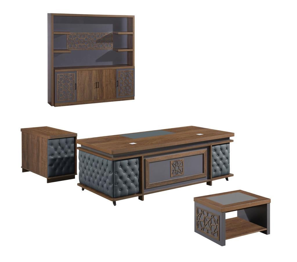 Elite Executive Office Desk Set – Luxury Wooden CEO Desk with Grey Tufted Leather, Islamic Geometric Panels, Side Table, Wall Unit – Eid Special Up to 40% Off- Free installation and Delivery