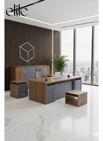 Modern Executive Office Desk Set with Side Cabinet & Storage Drawers – Luxury Wooden Manager Desk Furniture for Home Office, Corporate Cabin & Workspace