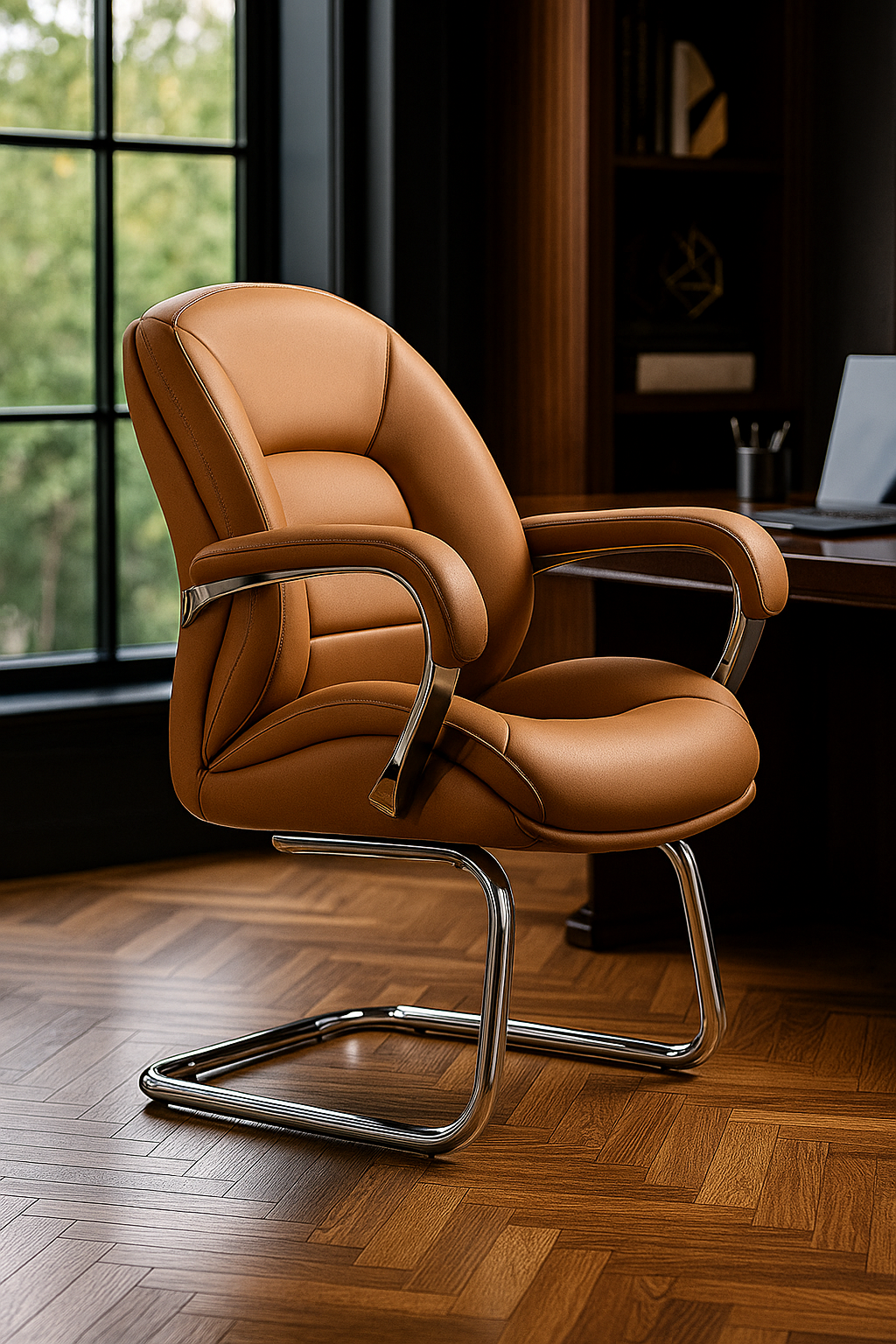 Luxury Visitor Leather Chair – Cantilever Base, Tan Brown