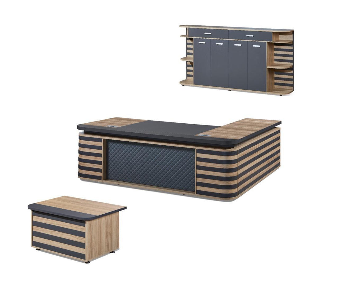 Elite Furniture Premium Executive Desk Suite | Striped Wood Grey Panels L-Shape Desk + Wall Cabinet Storage + Pedestal Drawers - Modern Office Set) (Free installation and Delivery)