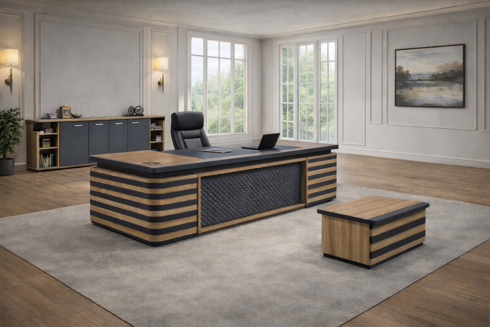 Elite Furniture Premium Executive Desk Suite | Striped Wood Grey Panel