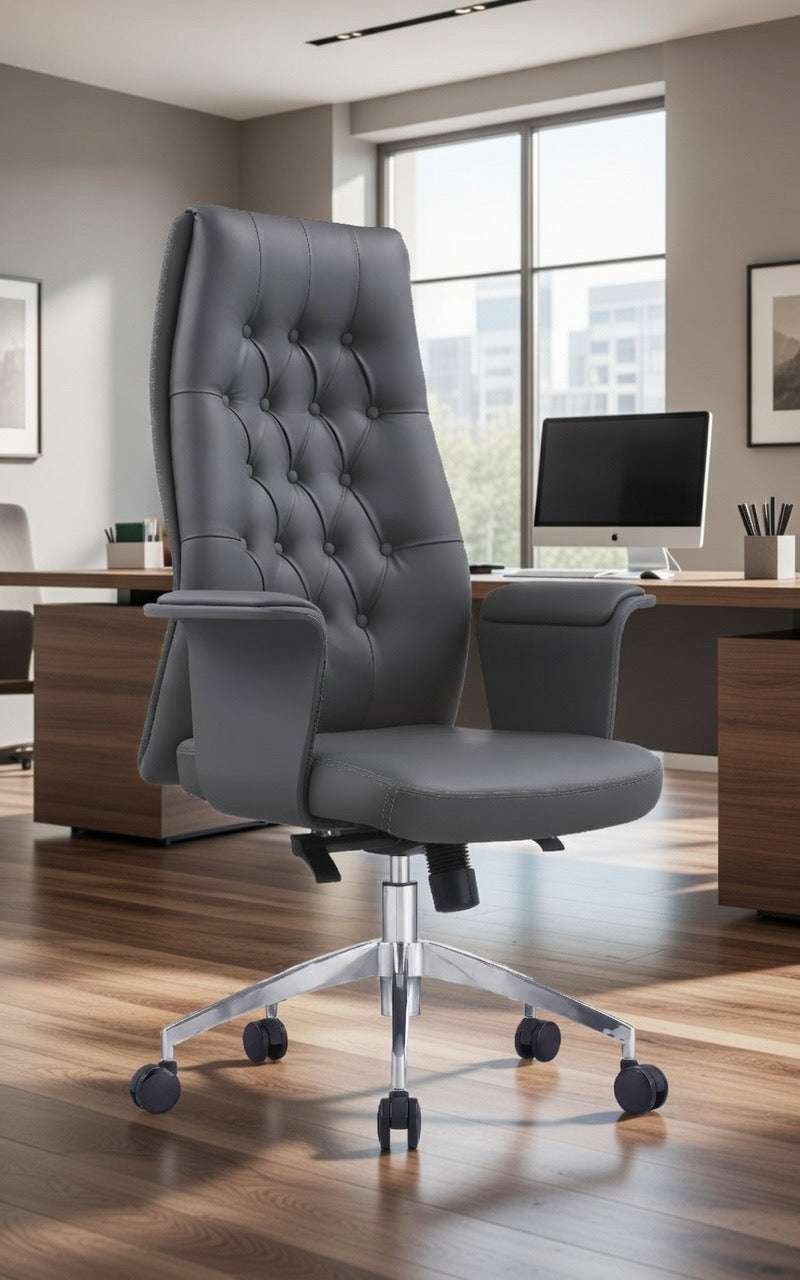 Elite Executive Office Desk Set – with Chairs.Luxury Wooden CEO Desk with Grey Tufted Leather, Islamic Geometric Panels, Side Table, Wall Unit – Eid Special Up to 40% Off- Free installation and Delivery