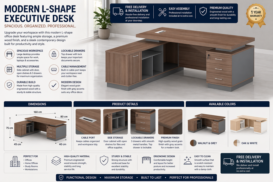 Modern L-Shape Executive Office Desk with Storage Cabinet & Lockable Drawers – Premium Wooden Workstation