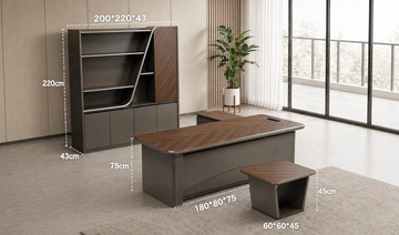 Modern Executive Office Desk Set 180cm | CEO Table with Cabinet & Storage Shelf (Dark Wood Finish)
