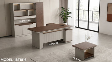 Modern Executive Office Desk Set 180cm | Luxury Manager Table with Cabinet & Shelf (Light Grey & Walnut Finish)