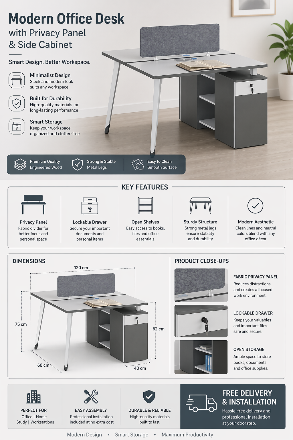 Modern Office Desk with Privacy Panel & Side Cabinet – Minimalist Workstation Table