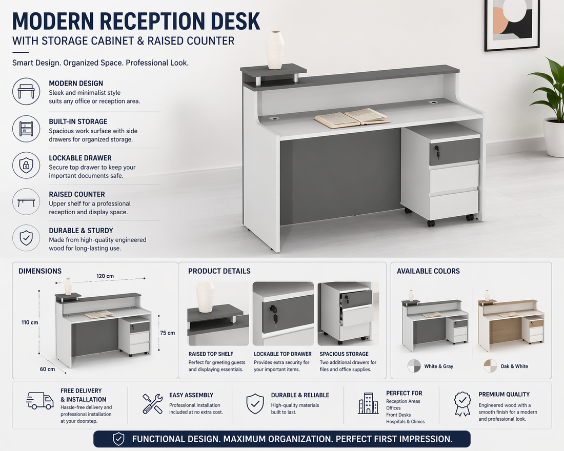 Modern Office Desk with Overhead Shelf & Mobile Drawer Unit – Space-Saving Workstation