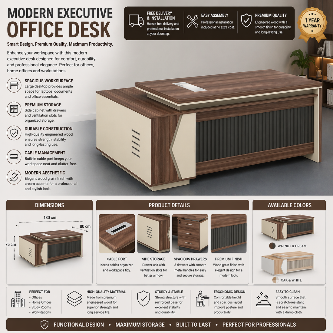 Modern Executive Office Desk with Side Cabinet & Storage Panels – Premium Wooden Workstation