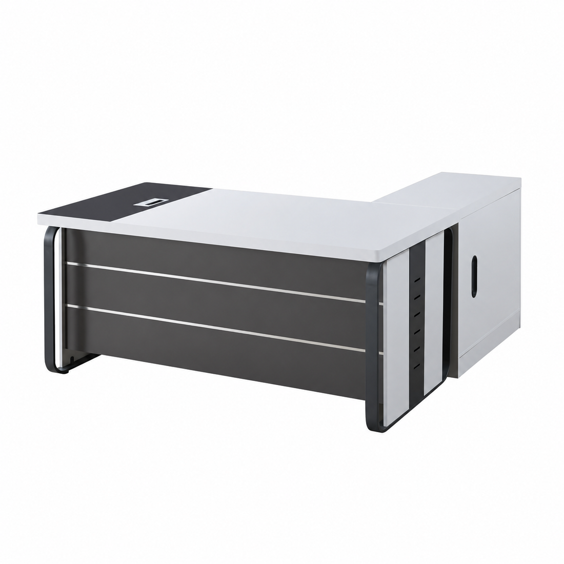 Modern Executive L-Shaped Office Desk with Wooden Finish and Storage Cabinet