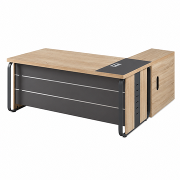 Modern Executive L-Shaped Office Desk with Wooden Finish and Storage Cabinet
