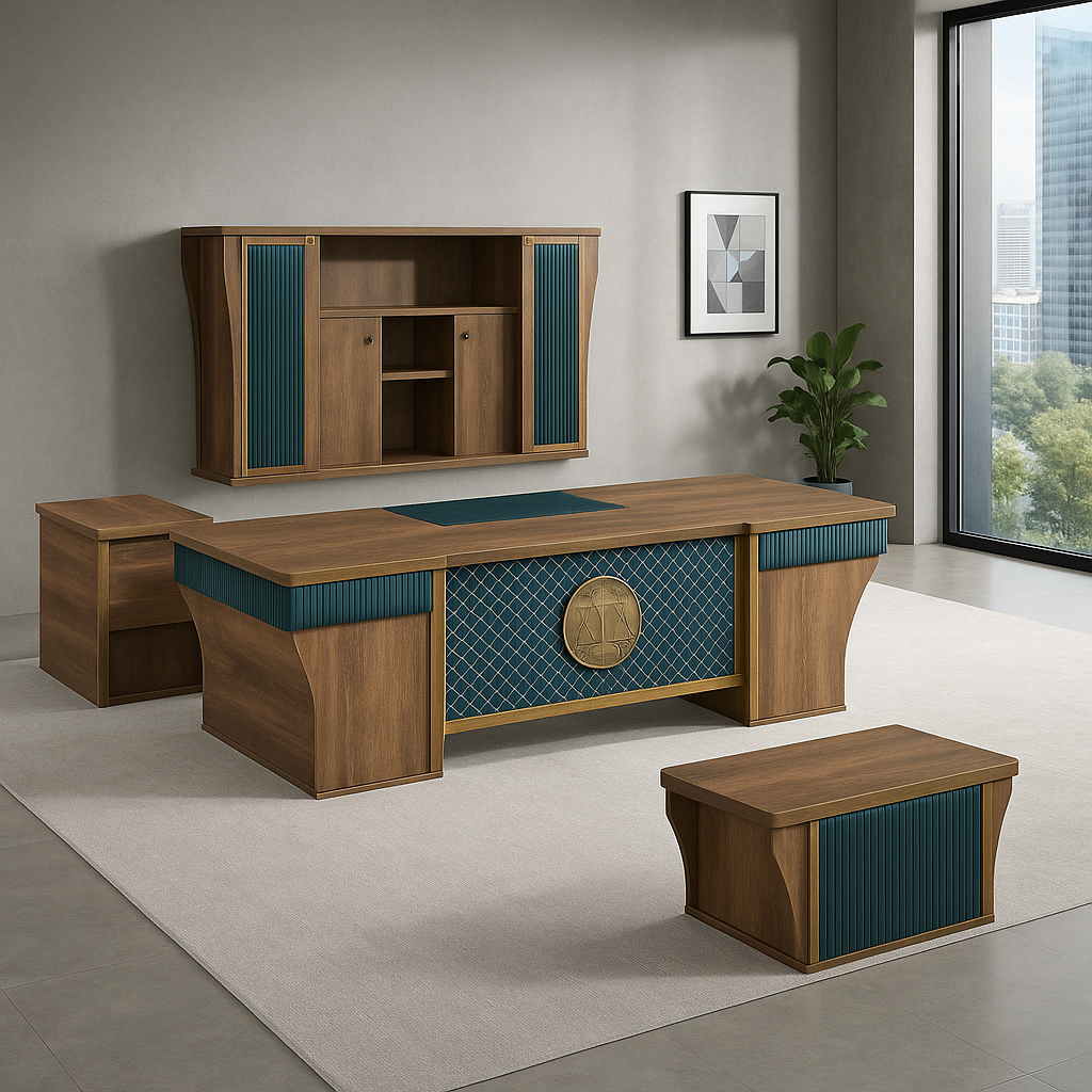 Executive Wooden Office Desk Set with Green Leather & Gold Accents