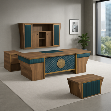 Executive Wooden Office Desk Set with Green Leather & Gold Accents
