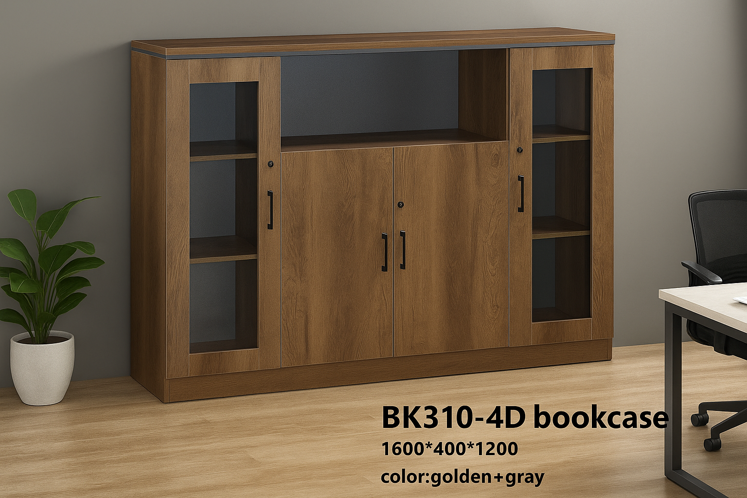 BK310-4D Executive Bookcase – Golden + Gray (1600×400×1200 mm)