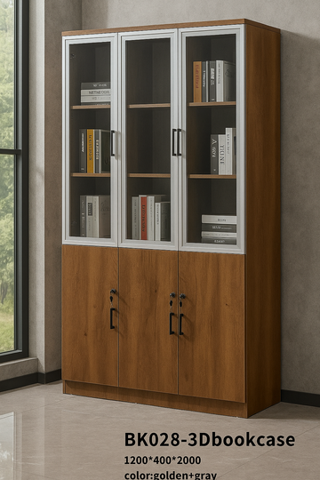 BK028-3D Glass Door Bookcase – Golden & Gray Finish