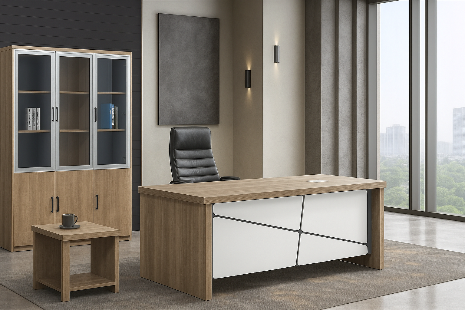 Model 412 Executive Office Table – Light Wood with White Panel Finish
