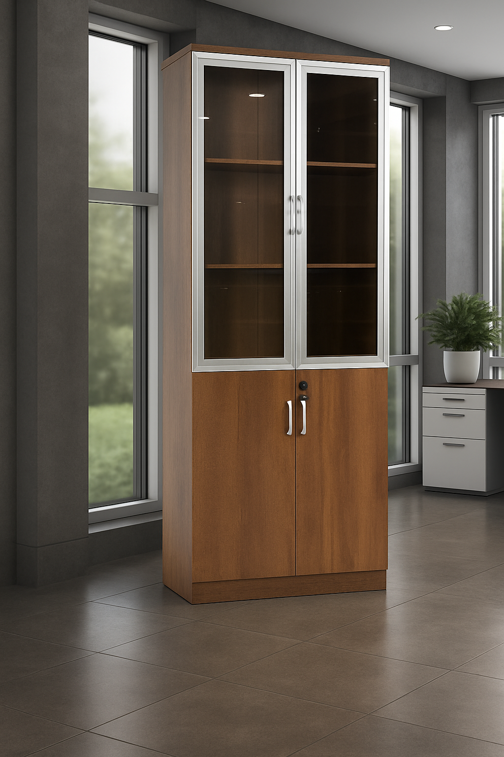 JW304-2D Office Bookcase – 2 Door Wooden Cabinet with Glass Top