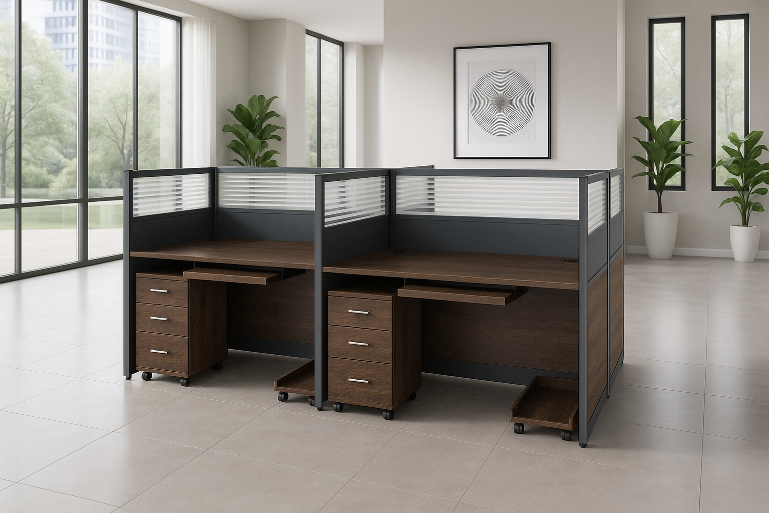 4-Person Wooden Workstation with Storage Drawers