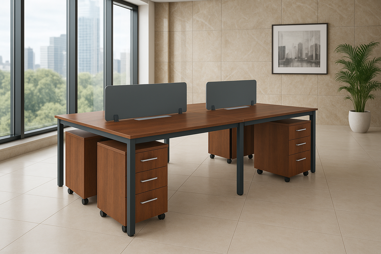4-Person Wooden Workstation with Storage Drawers