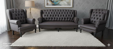 3-Piece Dark Gray Faux Leather Chesterfield Sofa Set - Tufted 3-Seater Couch + 2 Wingback Accent Chairs for Living Room) 5 Seater Sofa Set