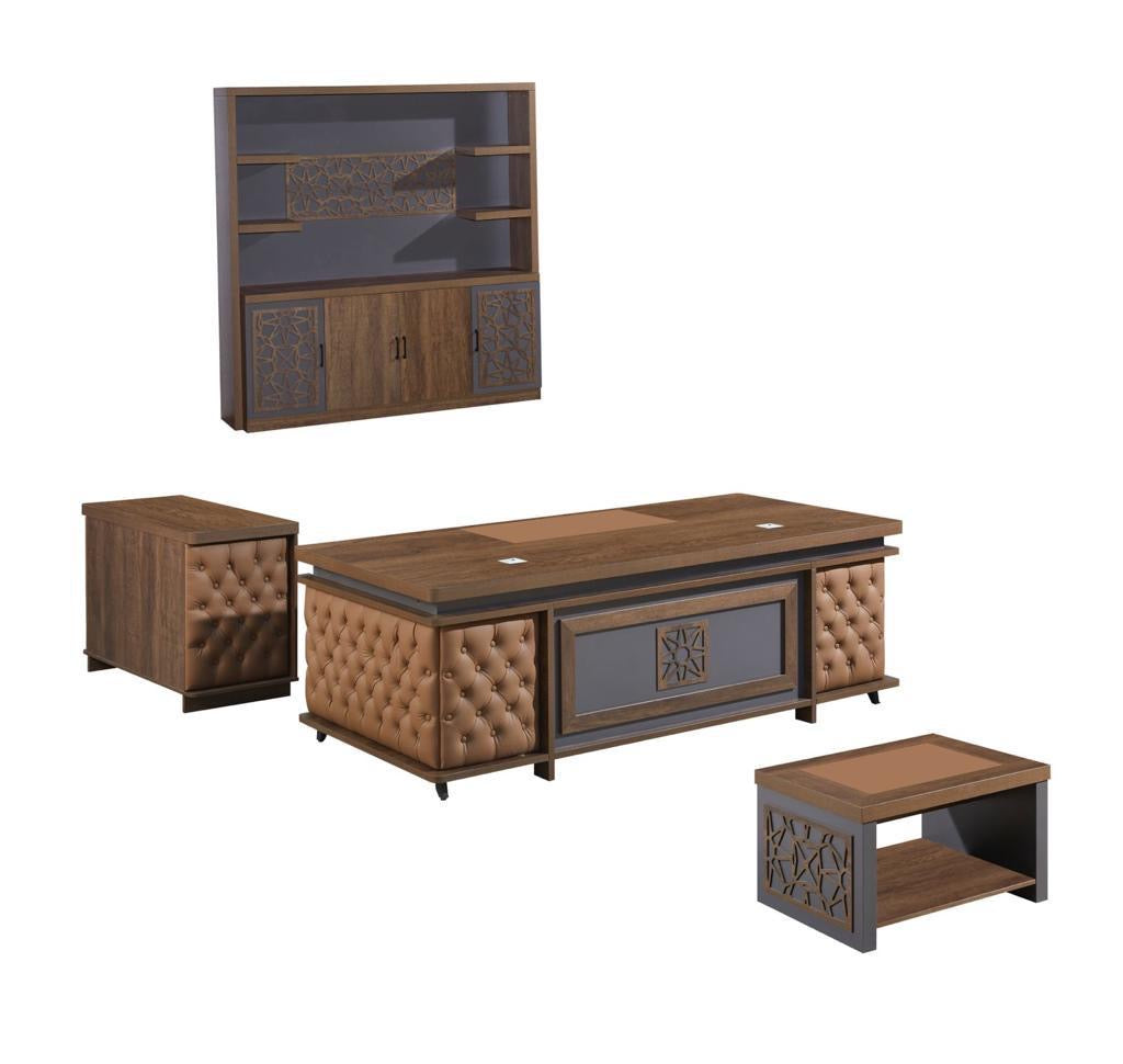 Elite Furniture Premium Executive Desk Suite | Walnut Wood with Tufted Storage + Intricate Carved Motifs + Illuminated Cabinet + Side Table - Modern Luxury Office)