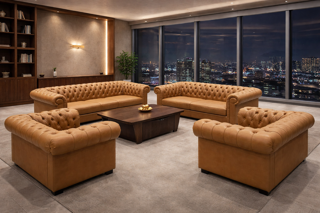 Elite Luxury Executive Office Sofa Set for 5 Person and 7 Person – Premium Chesterfield Design with Center Table | Modern Corporate Lounge Furniture- Free installation and Delivery
