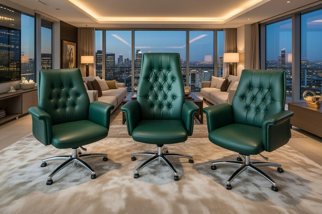 Set of 3 Executive Swivel Office Chairs – Tufted Green Leather Desk Chairs with Armrests, Adjustable Height Rolling Task Chairs for Home Office, Conference Room & Study