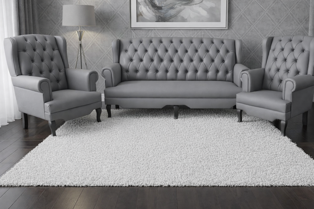 3-Piece Dark Gray Faux Leather Chesterfield Sofa Set - Tufted 3-Seater Couch + 2 Wingback Accent Chairs for Living Room) 5 Seater Sofa Set