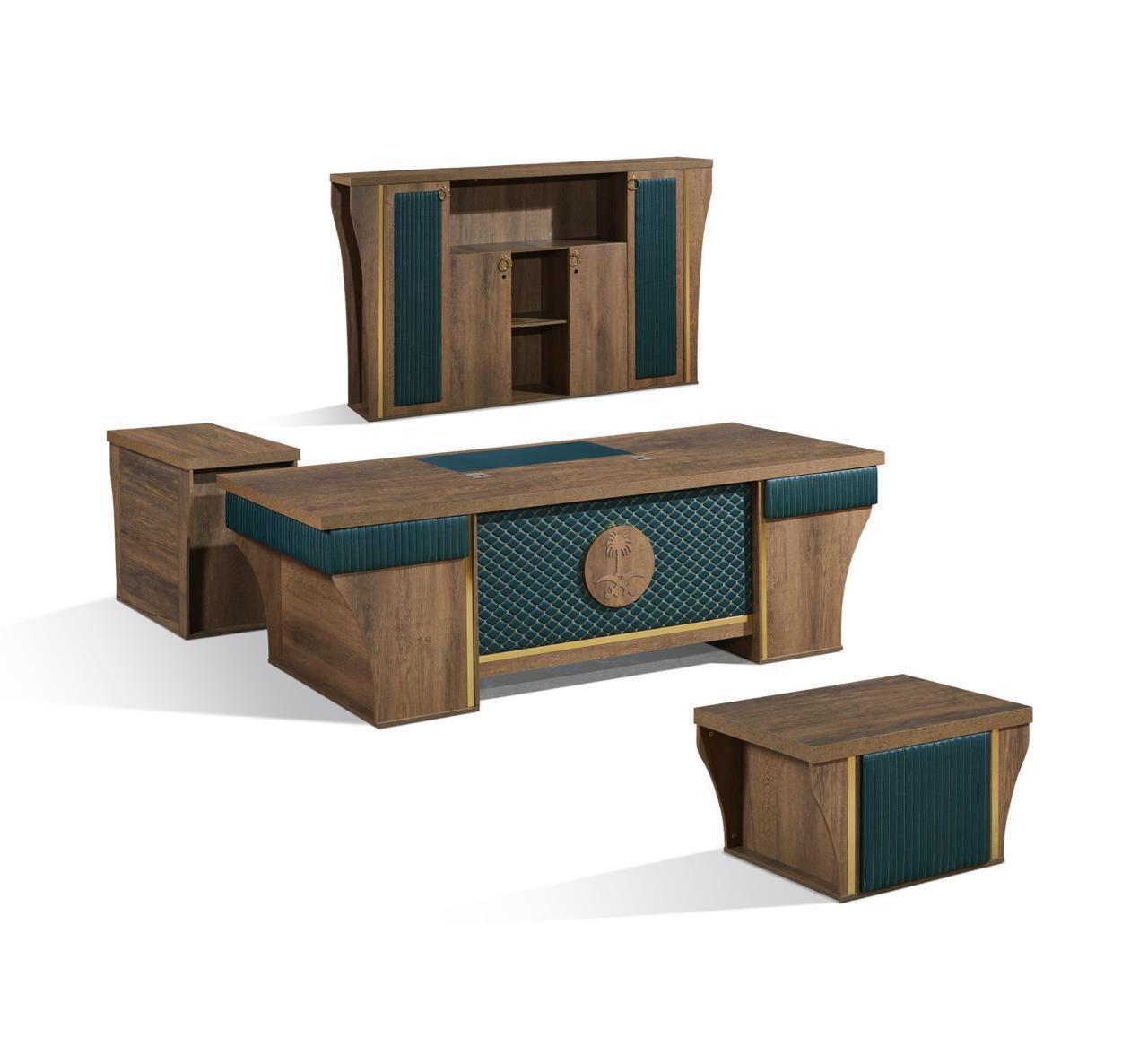 Executive Wooden Office Desk Set with Green Leather & Gold Accents
