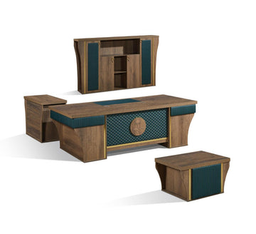 Executive Wooden Office Desk Set with Green Leather & Gold Accents