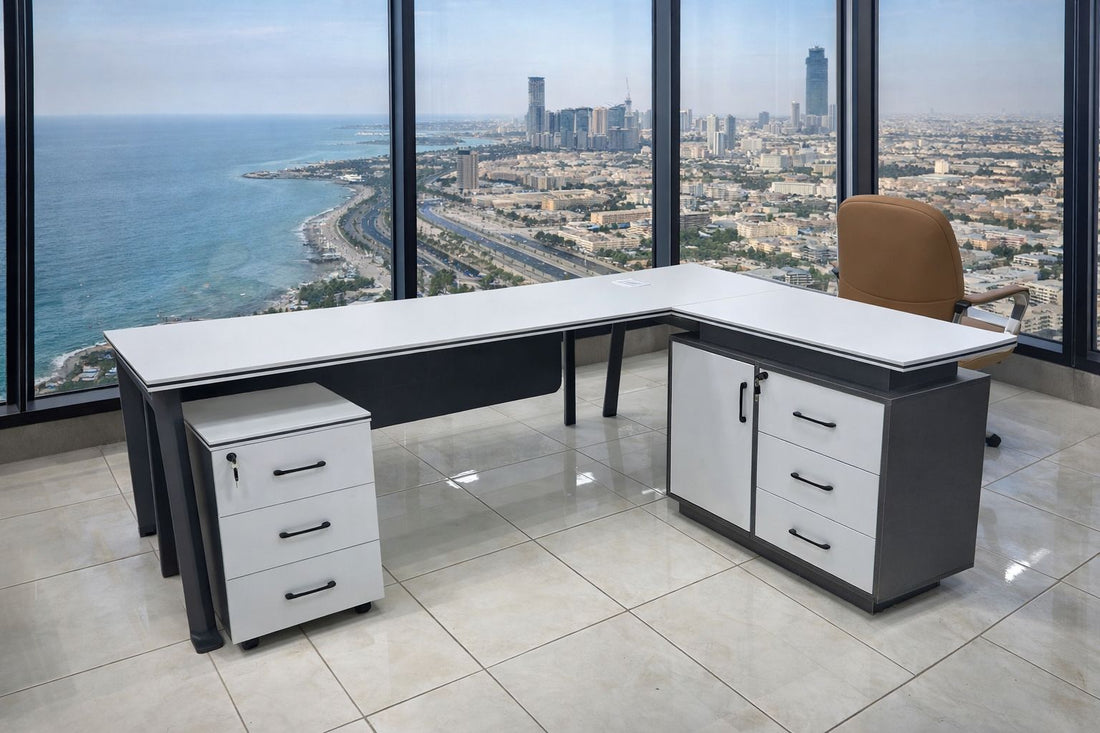 Executive L-Shaped Office Desk with 3 Drawers – Includes FREE Professional Assembly & Free Shipping – 60” Modern Corner Workstation, White & Grey