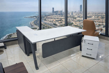 Executive L-Shaped Office Desk with 3 Drawers – Includes FREE Professional Assembly & Free Shipping – 60” Modern Corner Workstation, White & Grey