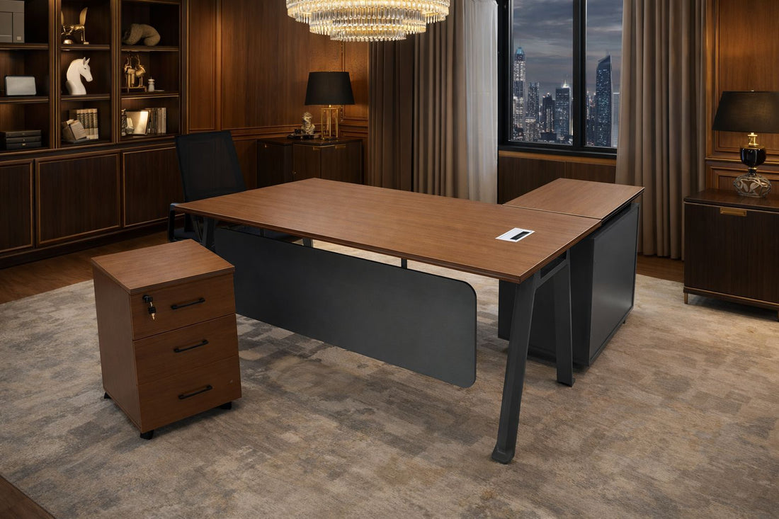 Executive L-Shaped Desk with Built-in Power Outlet & USB Ports - Reclaimed Wood Industrial Home Office Desk - Modern Steel Frame Large Workstation, Rustic Brown