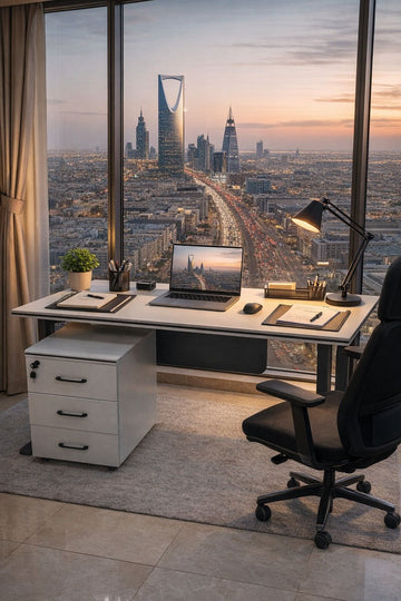 Elite Furniture Modern Executive Office Suite – L-Shaped Professional Desk with Mobile Locking Cabinet – Includes FREE Delivery & In-Home Installation – Premium Walnut & Slate Grey