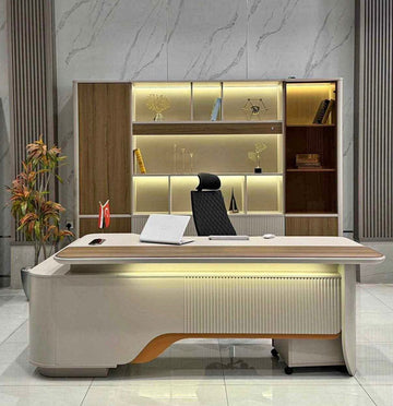 Luxury Executive Office Desk with LED Storage Shelf | Modern Manager Table with Cabinet