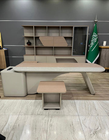 Modern Executive Office Desk Set with Cabinet & Shelf | Luxury Manager Table (Beige Wood Finish)