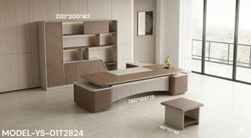 Luxury Executive Office Desk Set 280cm | Modern CEO Table with Cabinet & LED Shelf (Beige Wood Finish)