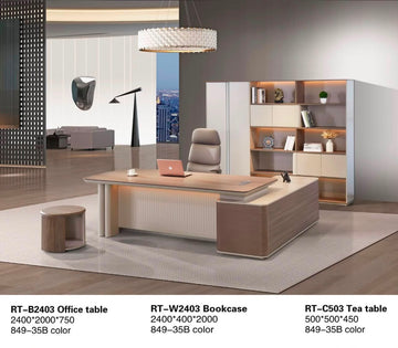 Executive Office Furniture Set (2400 × 2000 × 750 mm Desk + 2400 × 400 × 2000 mm Bookcase + 500 × 500 × 450 mm Tea Table) | Premium Modern CEO Office Suite