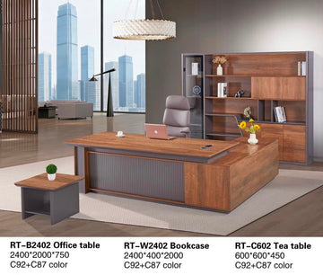Executive Office Furniture Set (2400 × 2000 × 750 mm Desk + 2400 × 400 × 2000 mm Bookcase + 600 × 600 × 450 mm Tea Table) | Modern Luxury Executive Office Suite