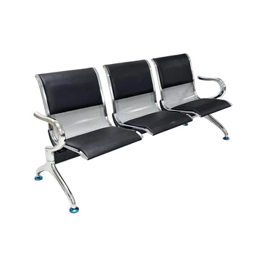 3-Seater Waiting Chair – Silver Metal Frame with Black Leather Seat