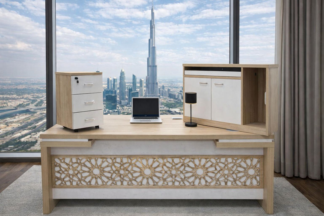 Elite Furniture Majesty Executive Office Desk Set – 3-Piece Professional Suite with Carved Geometric Privacy Panel, Mobile 3-Drawer Filing Cabinet, and Versatile Storage Credenza – Walnut & Slate Grey Free Deliver and Installation