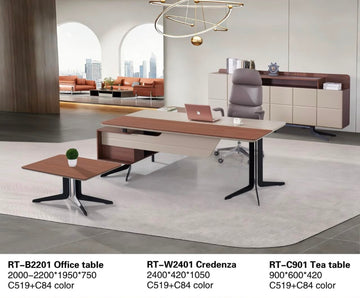 Modern Executive Office Furniture Set (2000–2200 × 1950 × 750 mm Desk + 2400 × 420 × 1050 mm Credenza + 900 × 600 × 420 mm Tea Table)